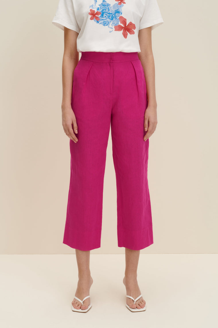 Linen-blend cropped pants in Hot Pink