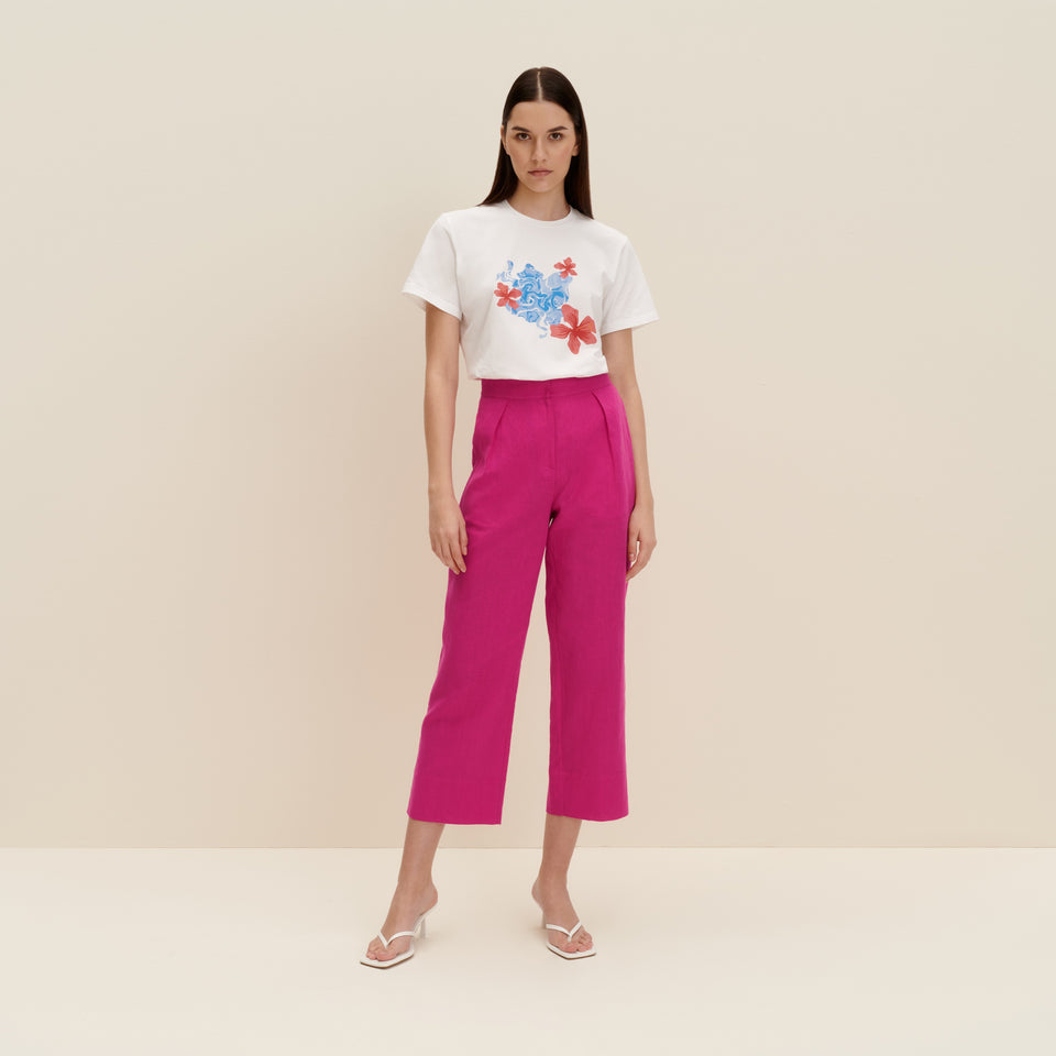 Linen-blend cropped pants in Hot Pink