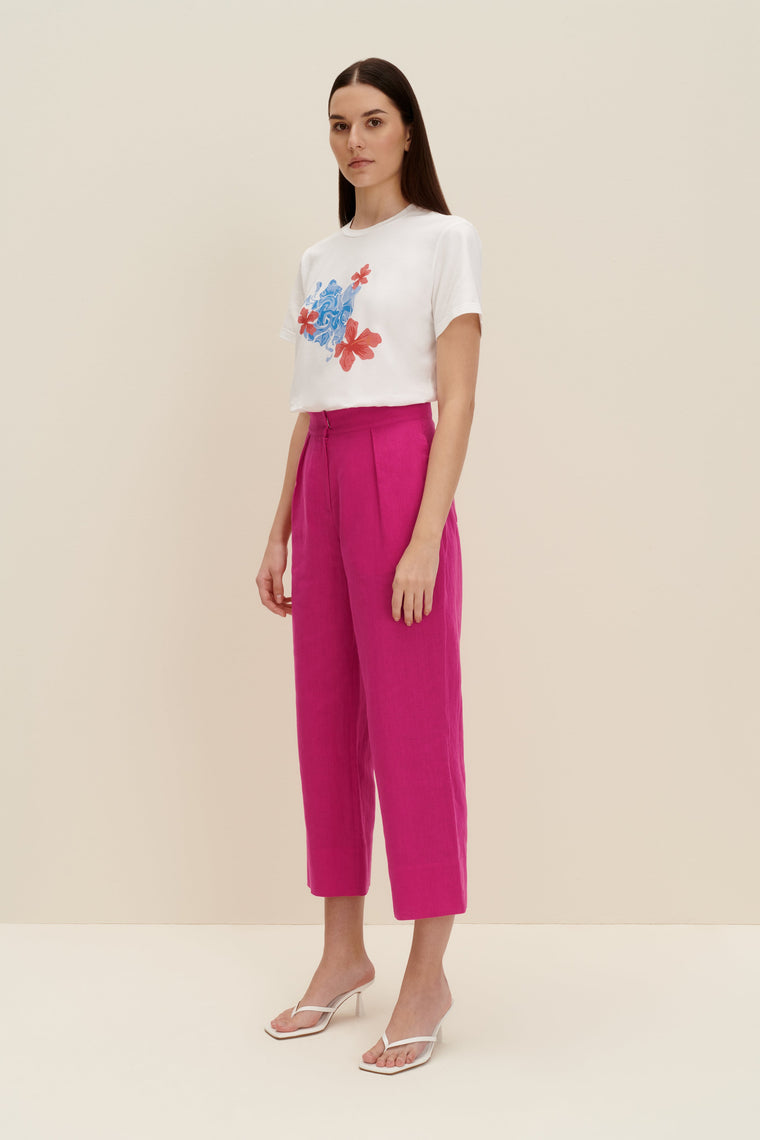 Linen-blend cropped pants in Hot Pink