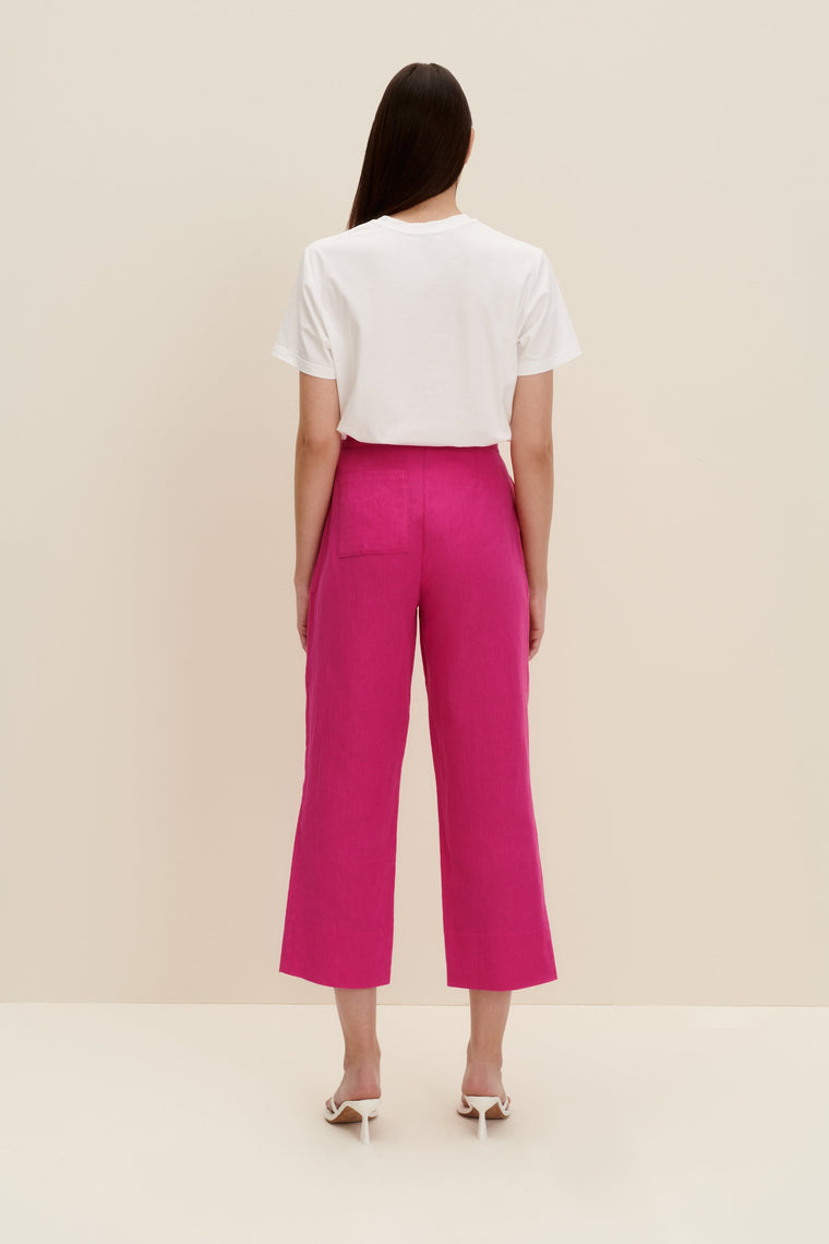 Linen-blend cropped pants in Hot Pink