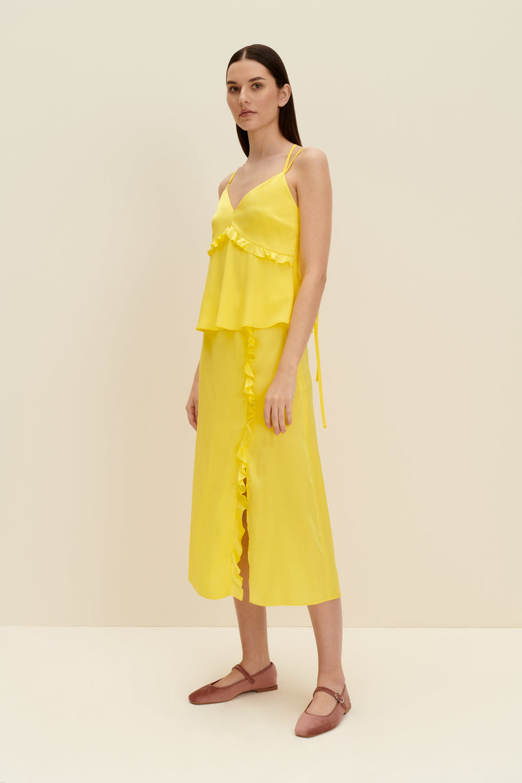 Ruffled silk top in Lemon Yellow