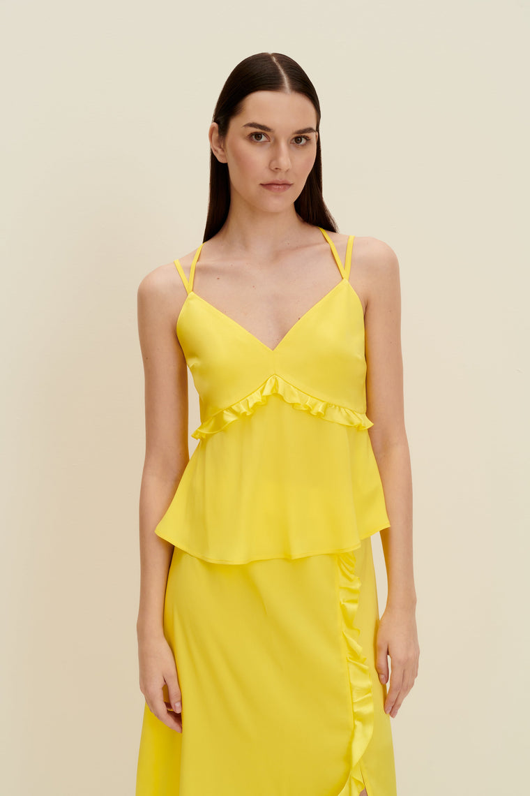 Ruffled silk top in Lemon Yellow