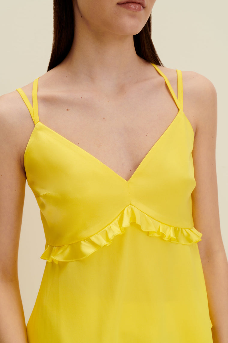 Ruffled silk top in Lemon Yellow