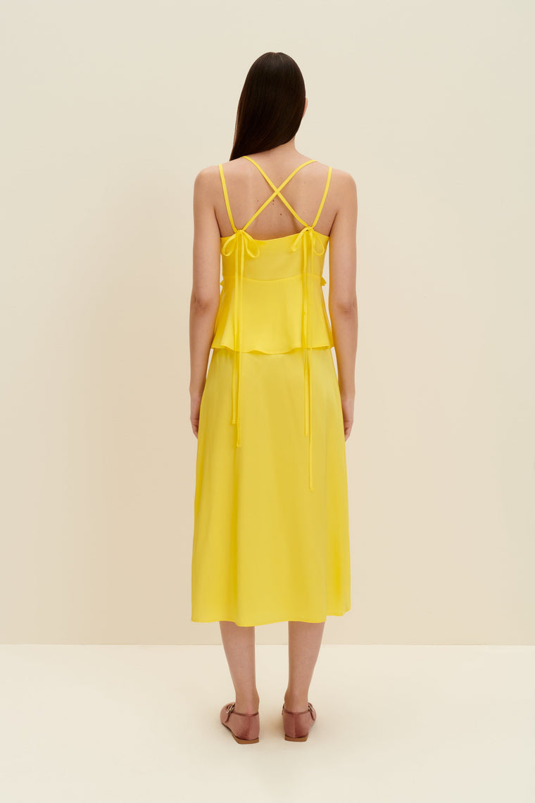 Ruffled silk midi skirt in Lemon Yellow