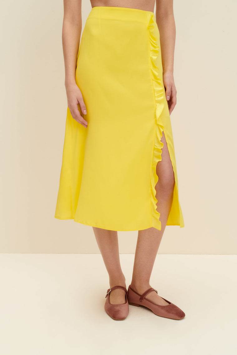 Ruffled silk midi skirt in Lemon Yellow