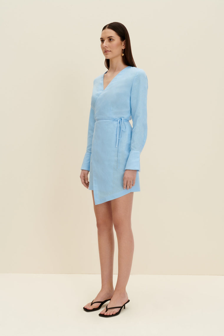 Linen-blend wrap dress in Light Blue