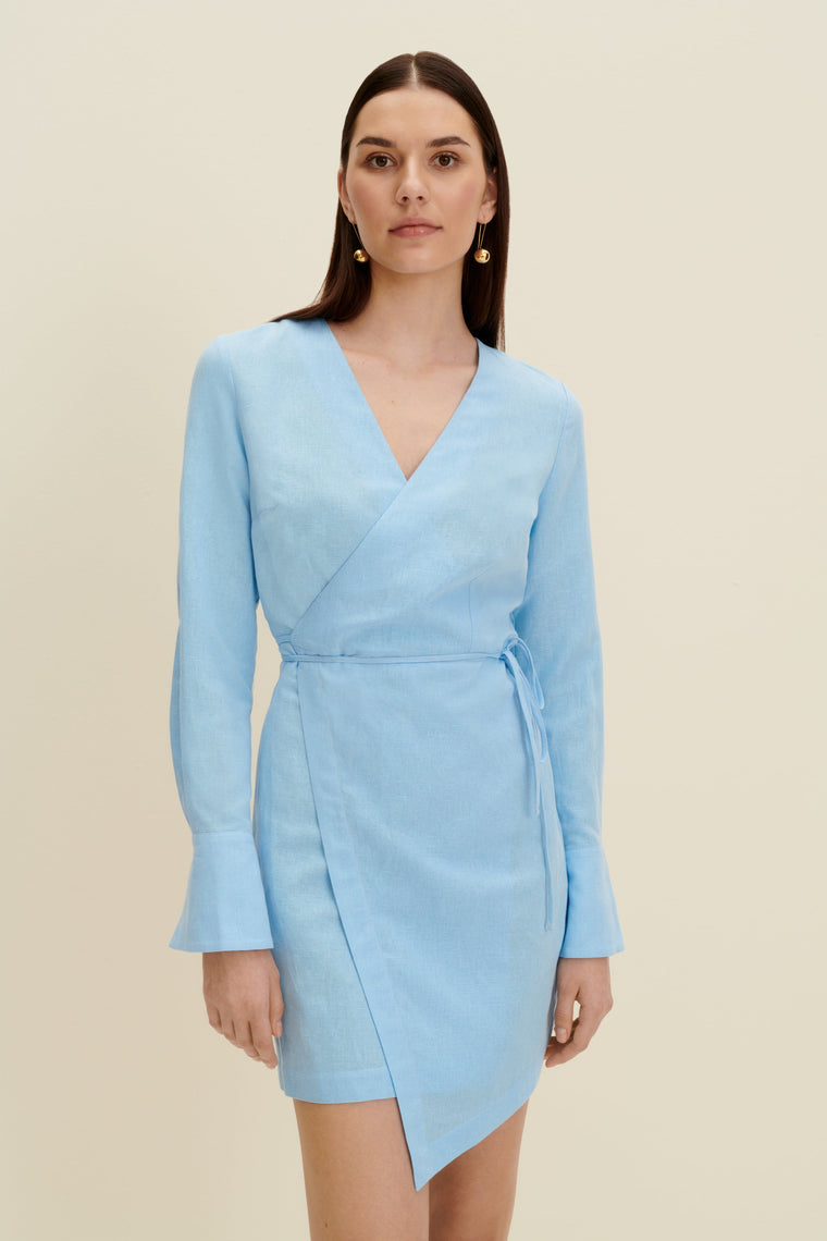 Linen-blend wrap dress in Light Blue