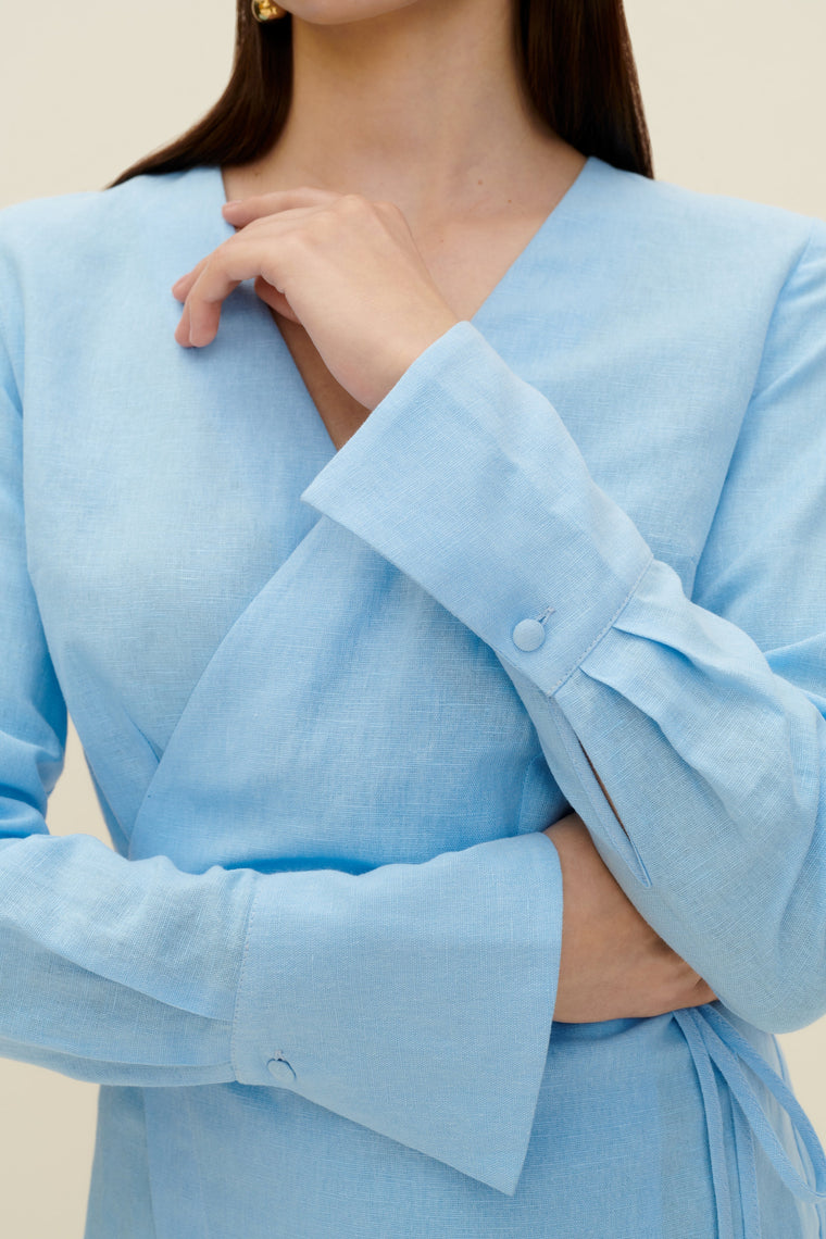 Linen-blend wrap dress in Light Blue