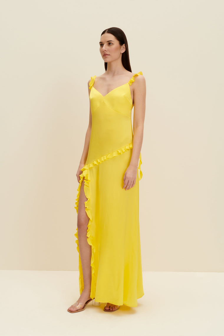 Ruffled silk maxi dress in Lemon Yellow