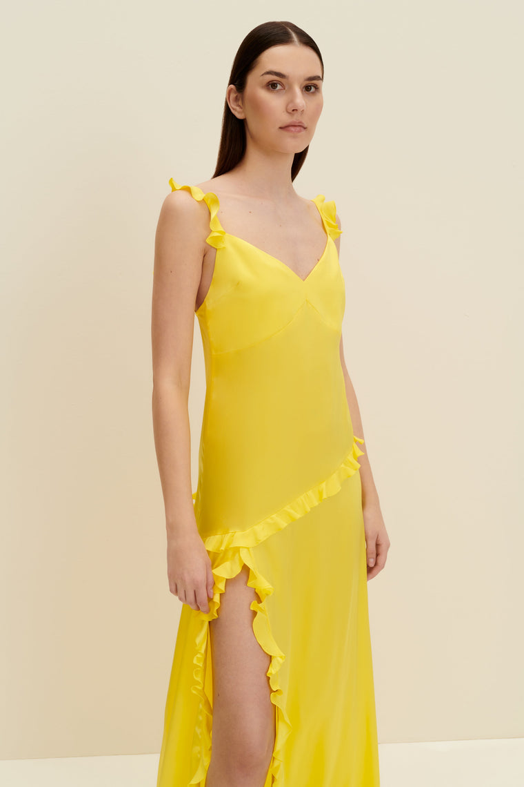 Ruffled silk maxi dress in Lemon Yellow