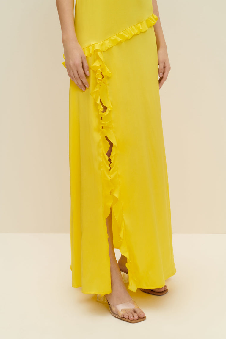 Ruffled silk maxi dress in Lemon Yellow