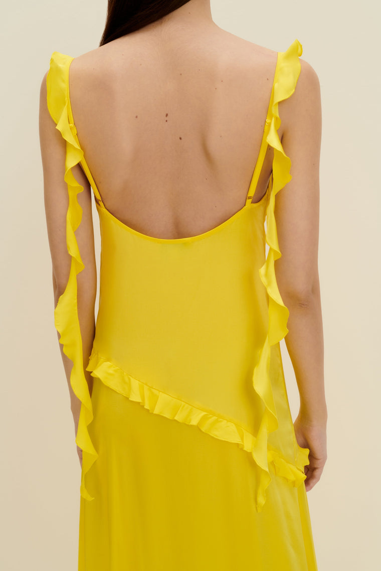 Ruffled silk maxi dress in Lemon Yellow