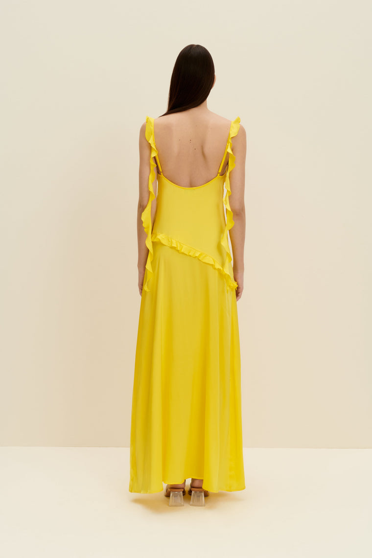 Ruffled silk maxi dress in Lemon Yellow