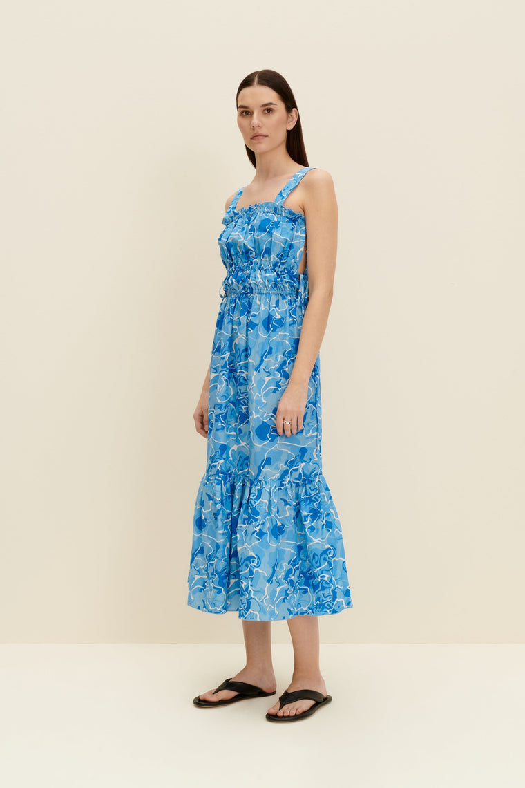 Tie-detailed midi dress in Pool Water Print