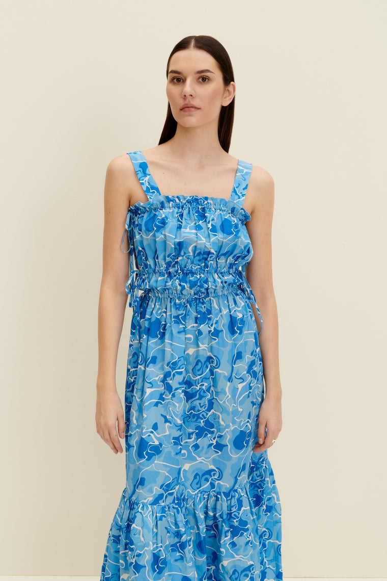 Tie-detailed midi dress in Pool Water Print