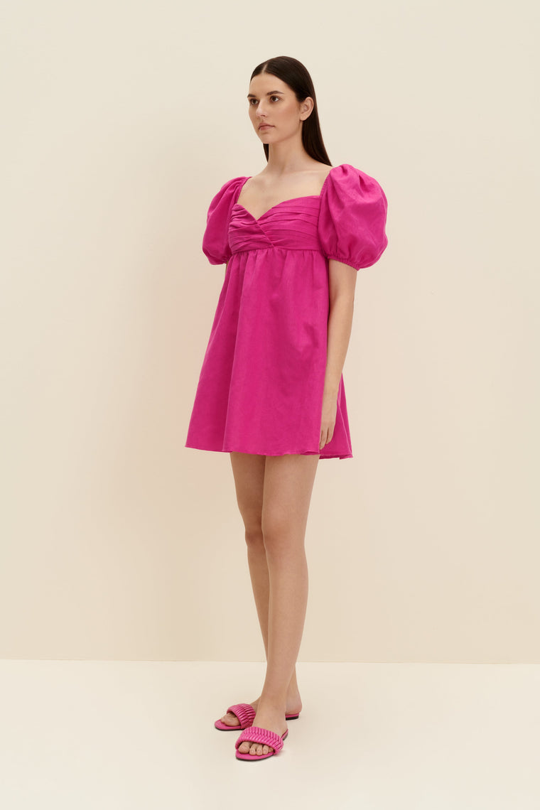 Gathered mini dress in Hot Pink