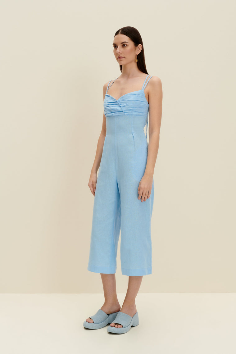 Linen-blend jumpsuit in Light Blue