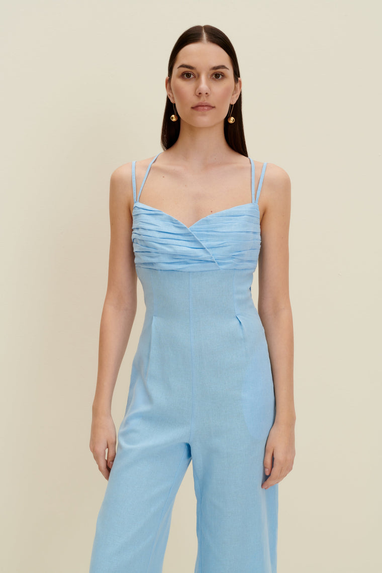 Linen-blend jumpsuit in Light Blue