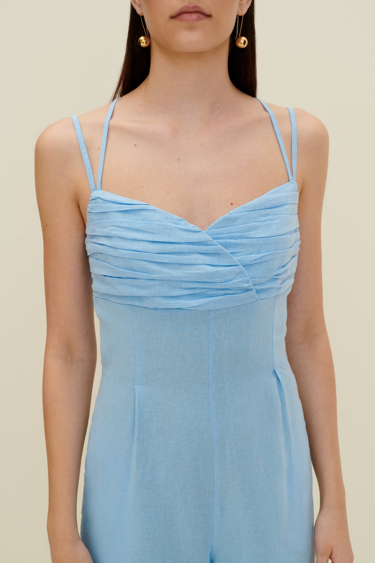 Linen-blend jumpsuit in Light Blue