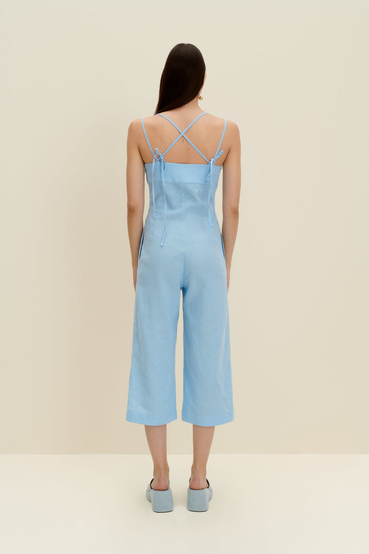 Linen-blend jumpsuit in Light Blue