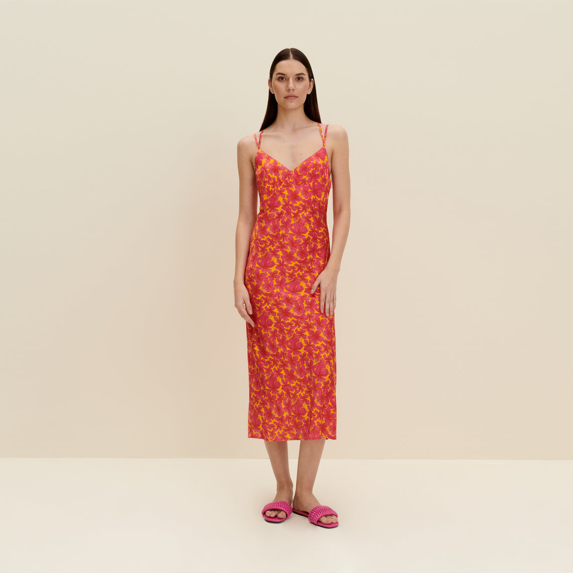 Silk-satin slip dress in Hibiscus Print