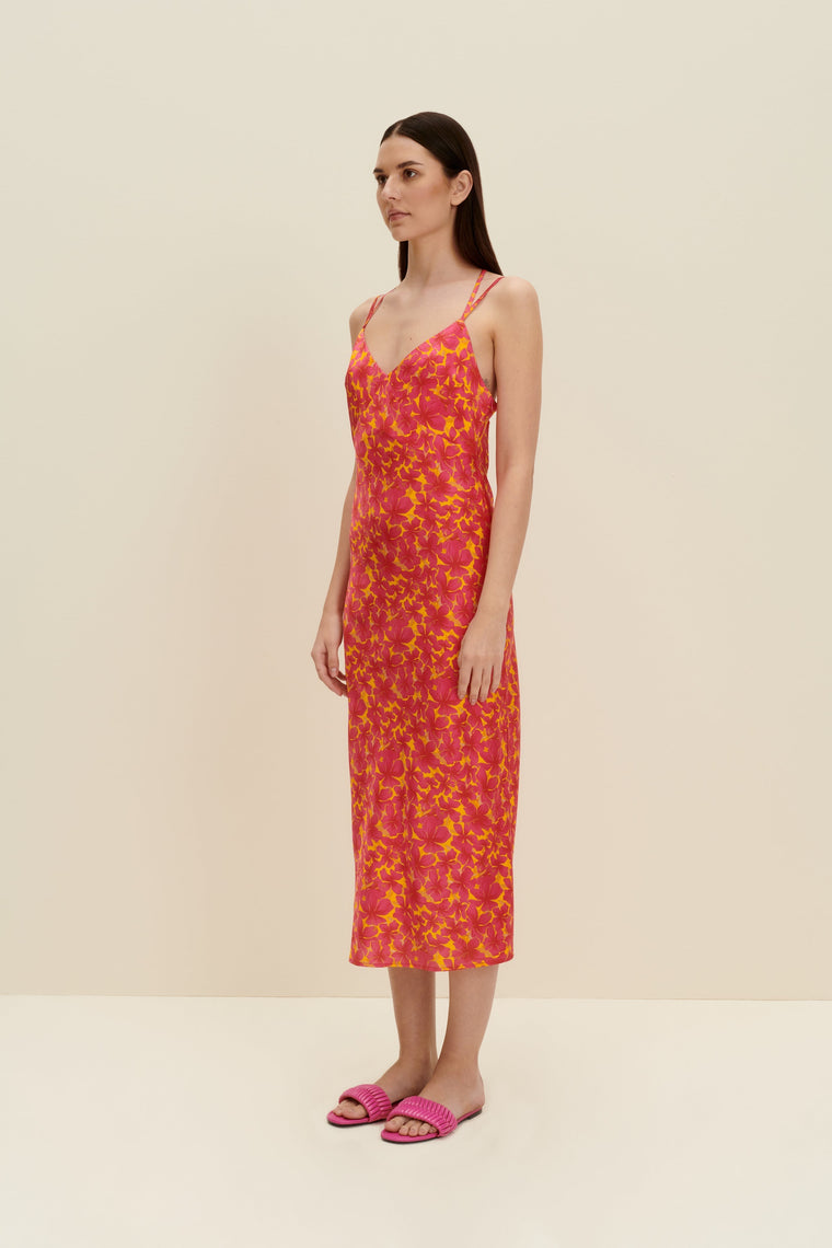 Silk-satin slip dress in Hibiscus Print