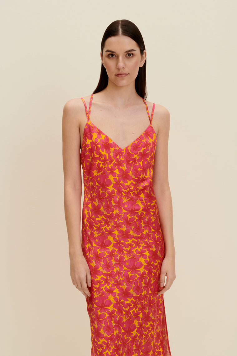 Silk-satin slip dress in Hibiscus Print