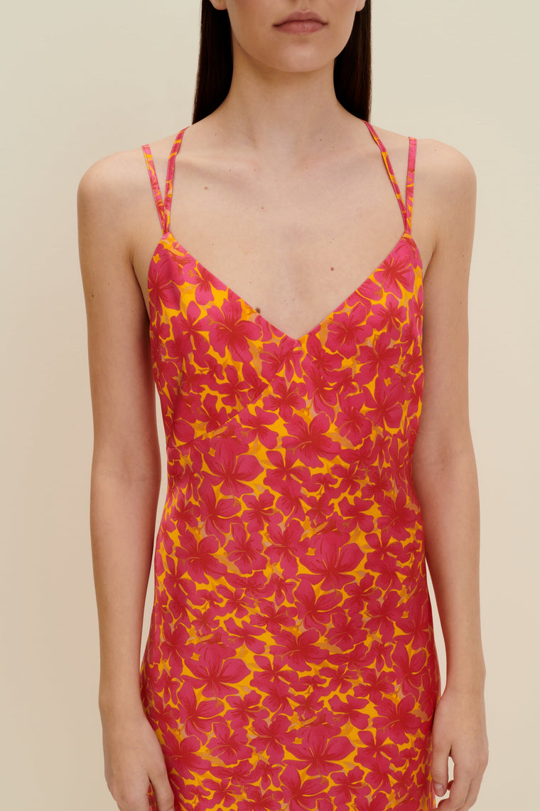 Silk-satin slip dress in Hibiscus Print