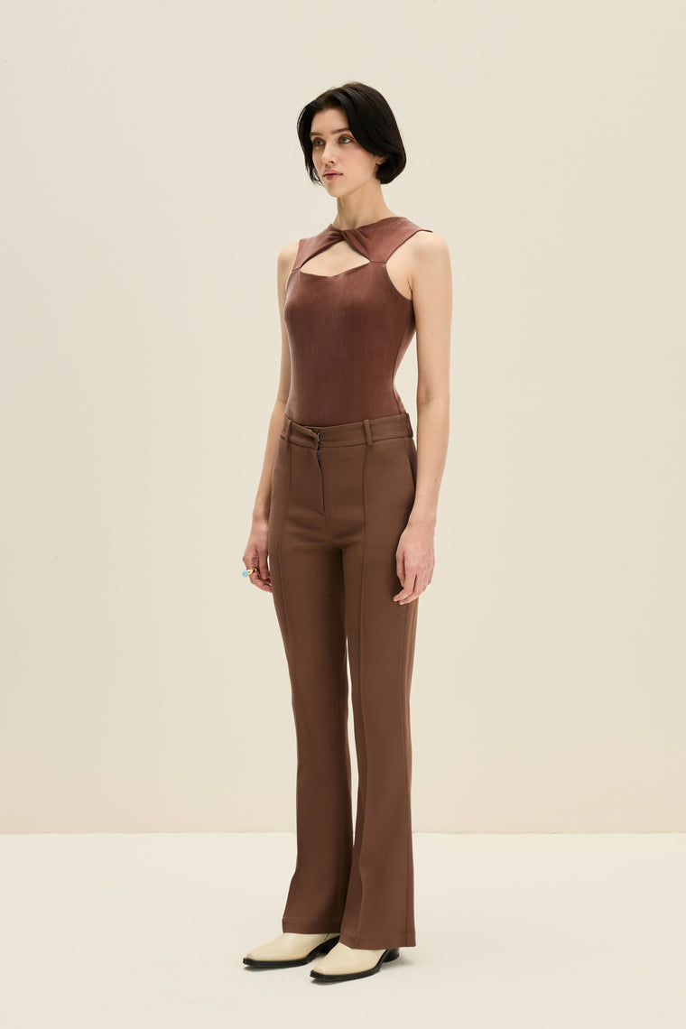 Knotted sleeveless bodysuit in Chocolate Brown