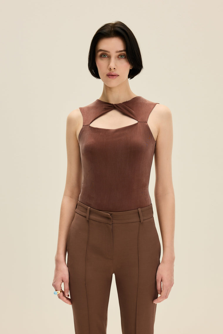 Knotted sleeveless bodysuit in Chocolate Brown