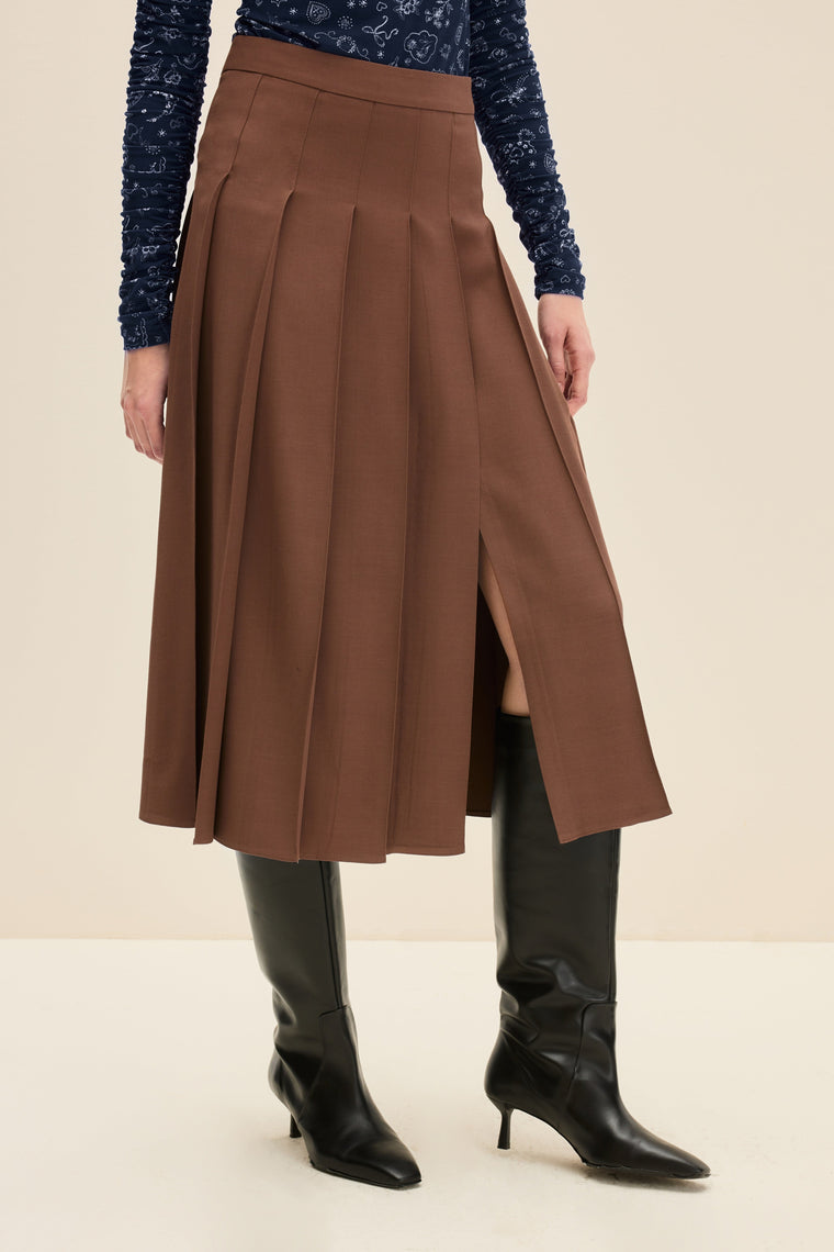 Pleated midi skirt in Chocolate Brown