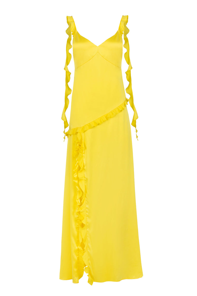 Ruffled silk maxi dress in Lemon Yellow