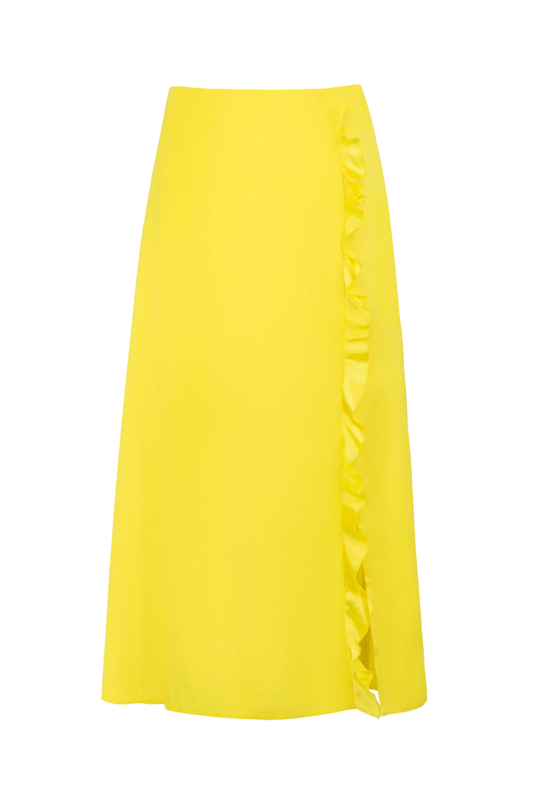 Ruffled silk midi skirt in Lemon Yellow