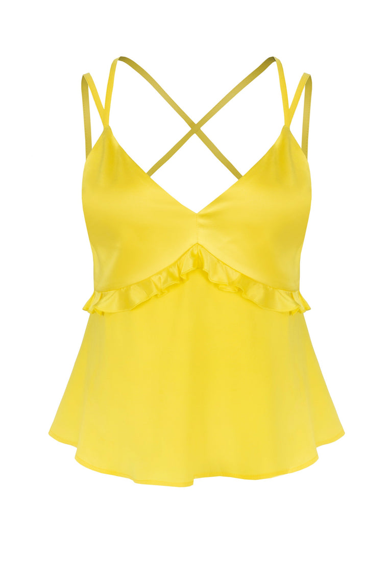 Ruffled silk top in Lemon Yellow