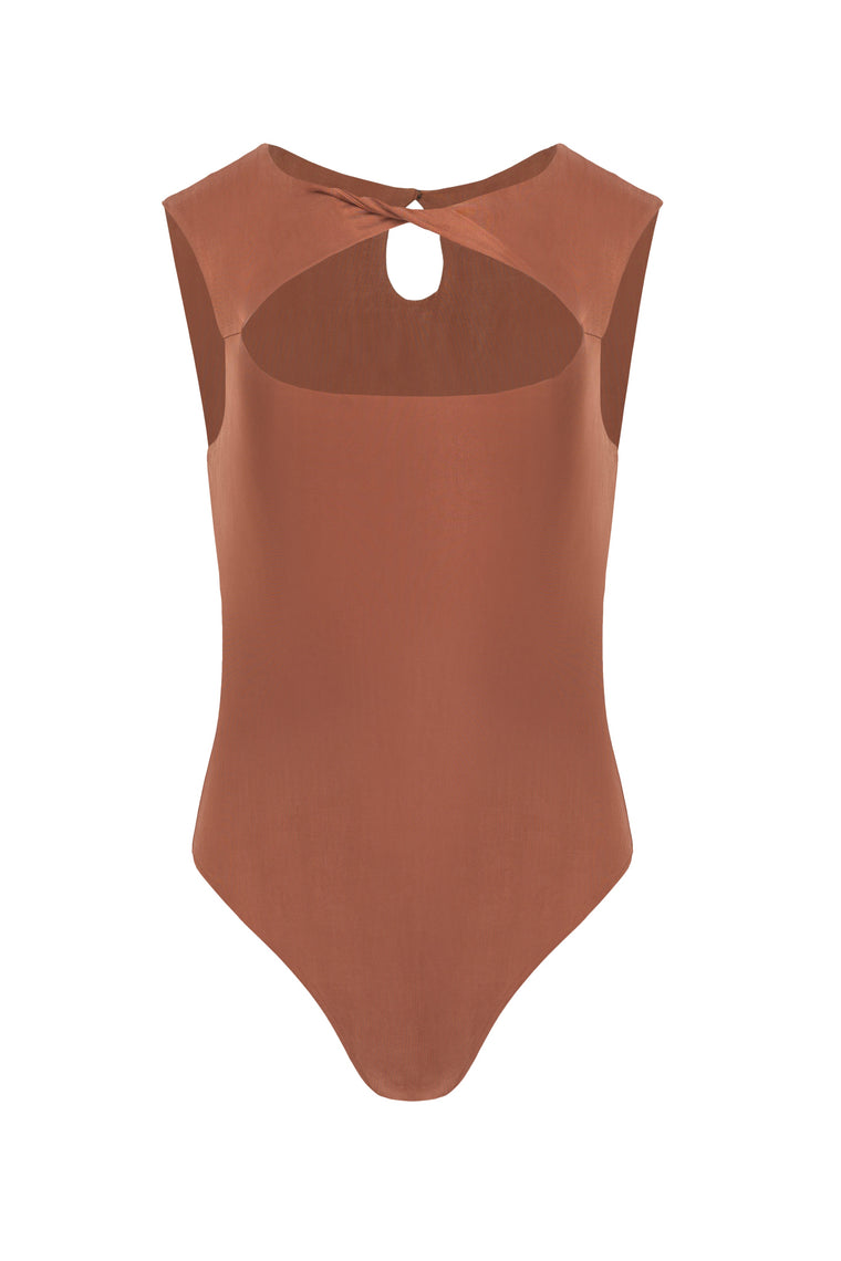 Knotted sleeveless bodysuit in Chocolate Brown