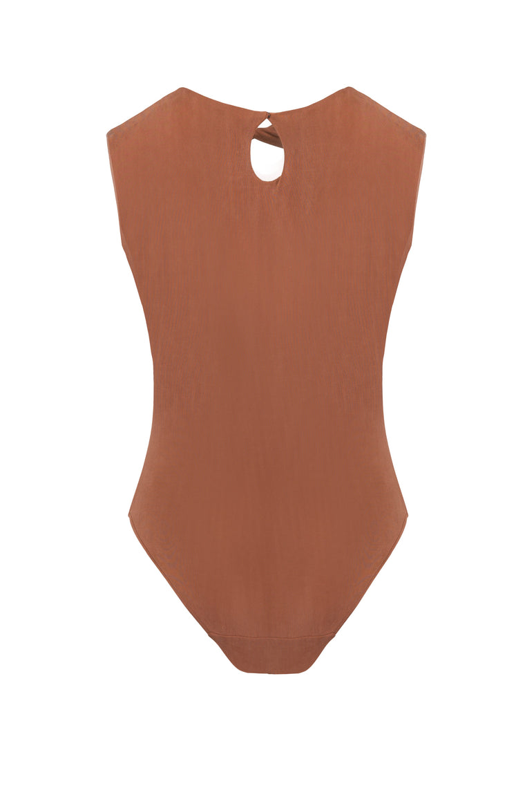 Knotted sleeveless bodysuit in Chocolate Brown