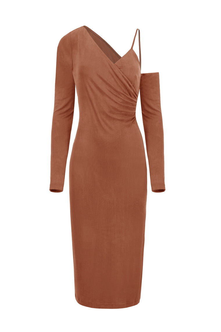 Asymmetric cupro dress in Chocolate Brown